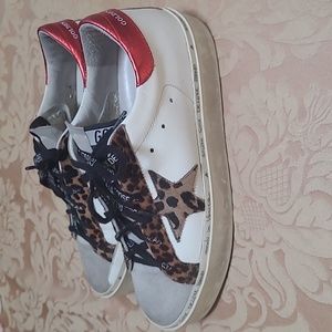 Golden Goose White and Red Sneakers with Leopard Print